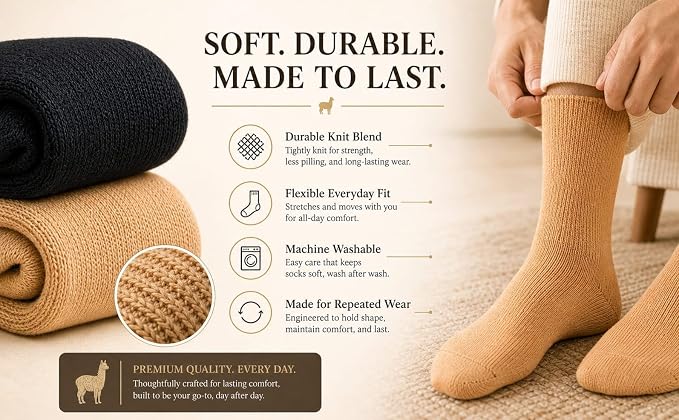 Thermal Wool Socks, 2 Pair, Unisex Beige Black