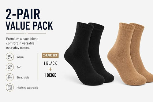 Thermal Wool Socks, 2 Pair, Unisex Beige Black